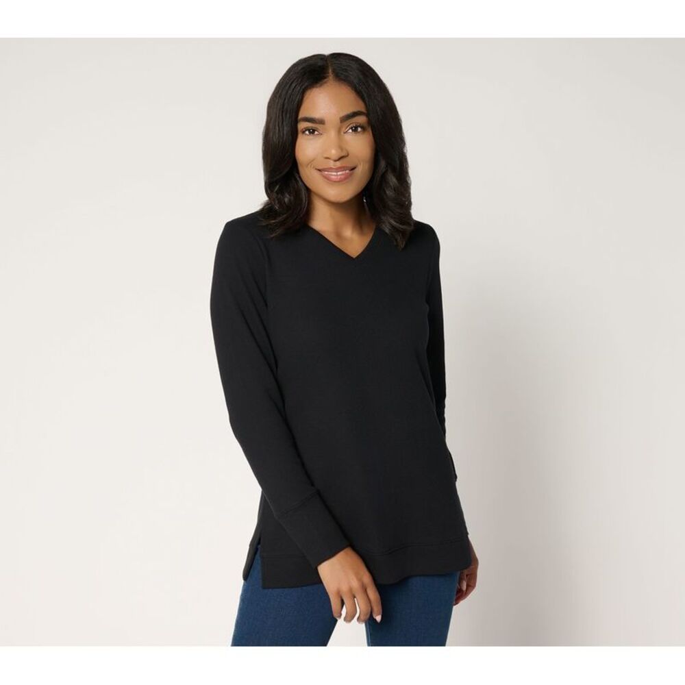 Denim & Co. Women's Top Sz L Essentials Waffle Knit V-Neck Tunic Black